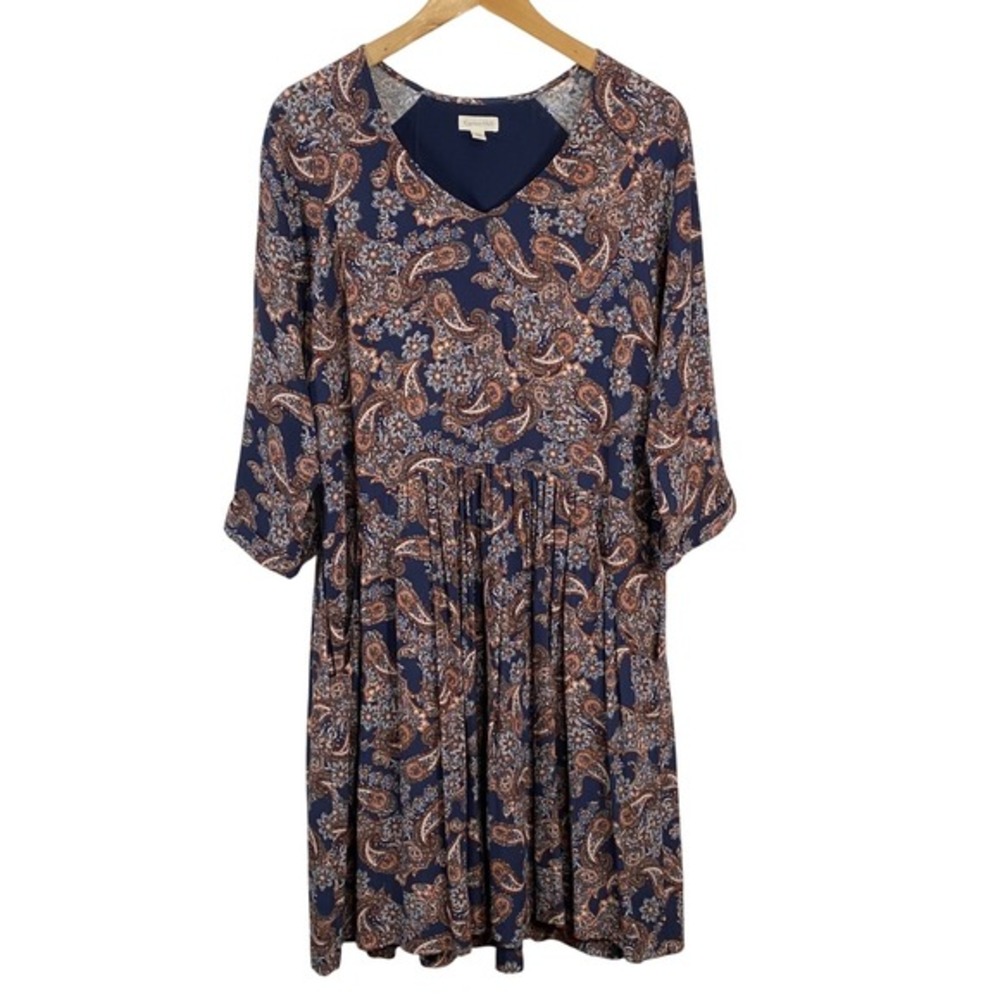 Garnet Hill Womens Paisley V Neck Dress sz 6 Blue Midi Lined Pleated Preppy Boho